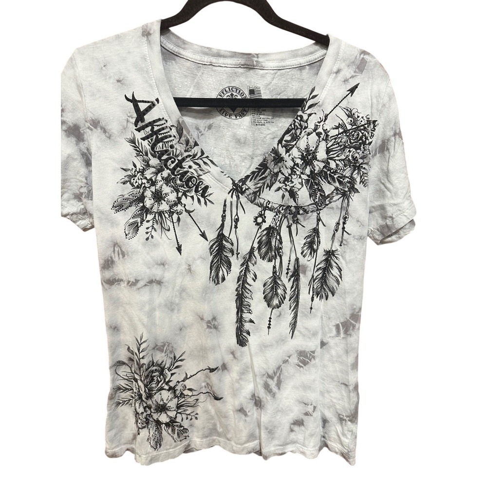 Affliction Live Fast Womens XL Grey Tie Dye Dreamcatcher Rhinestone V-Neck Tee